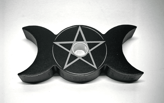 Wooden Triple Moon Pentagram Spell Candle Holder 
