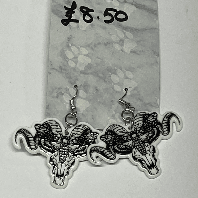 Black &amp; White Baphomet Moth Earrings 